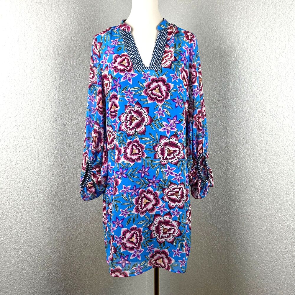 Cabi Dress Women’s Primrose Blue Pink Floral Shift style Long Sleeves 5612 Small